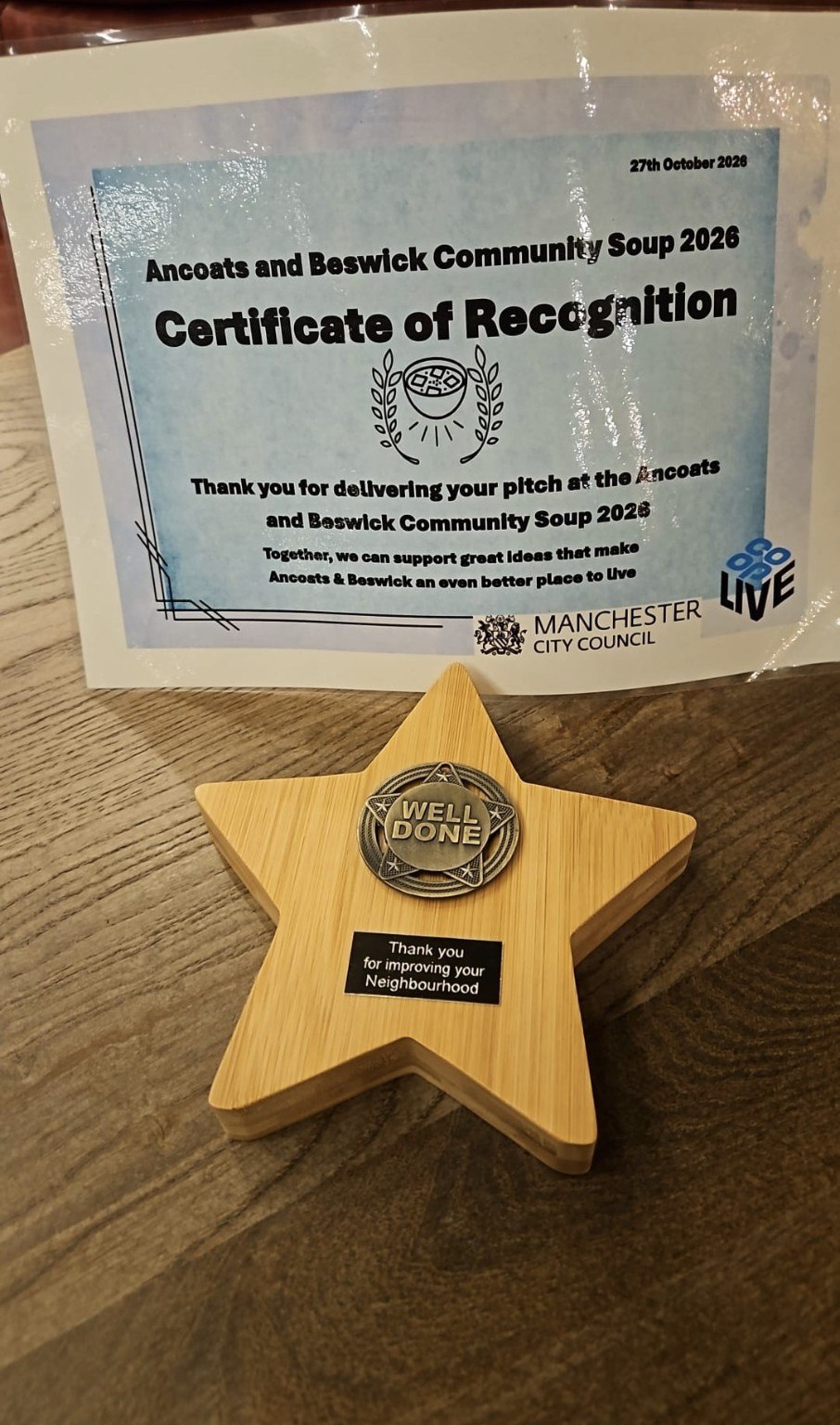 Our Community Soup certificate of recognition and keepsake